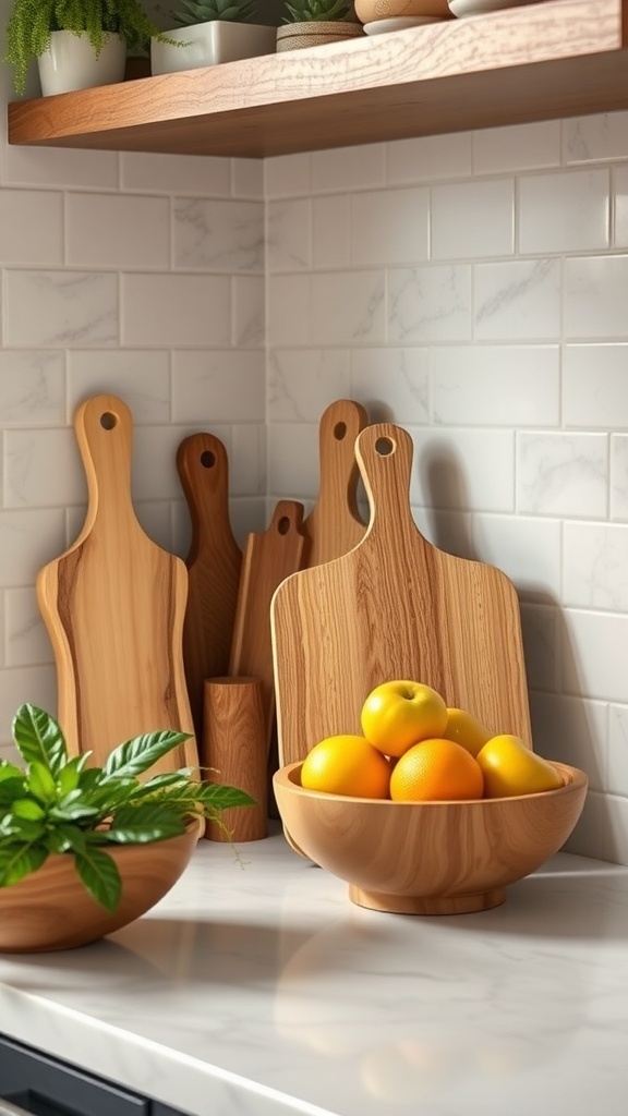 A kitchen counter featuring wooden cutting boards, a bowl of oranges, and a small plant, showcasing natural elements for decor.