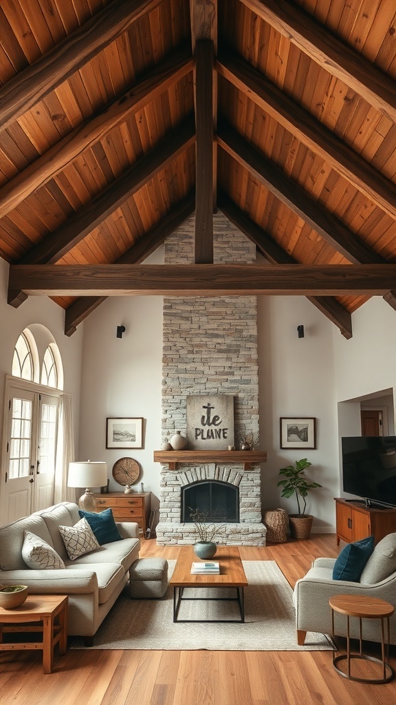 A living room with cathedral ceilings featuring exposed wooden beams and a stone fireplace.