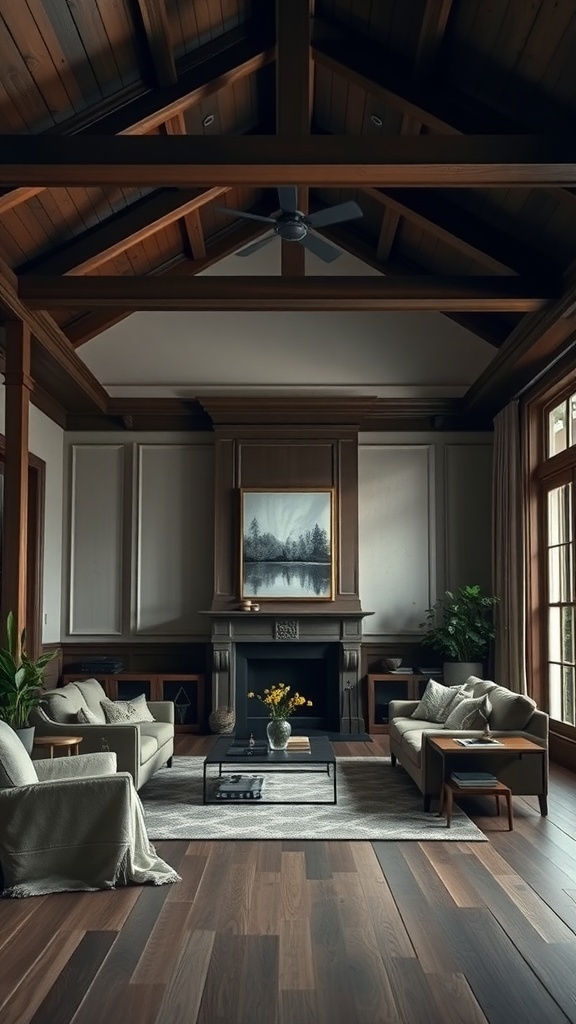A masculine living room featuring exposed wooden beams, a fireplace, and large windows.