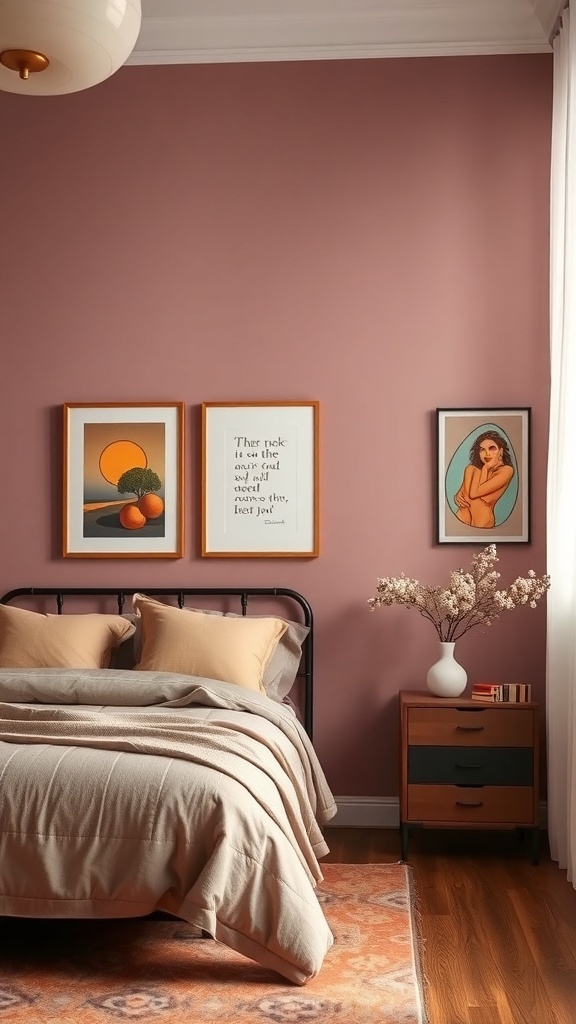 A cozy bedroom with mauve walls, featuring framed artwork and soft bedding.