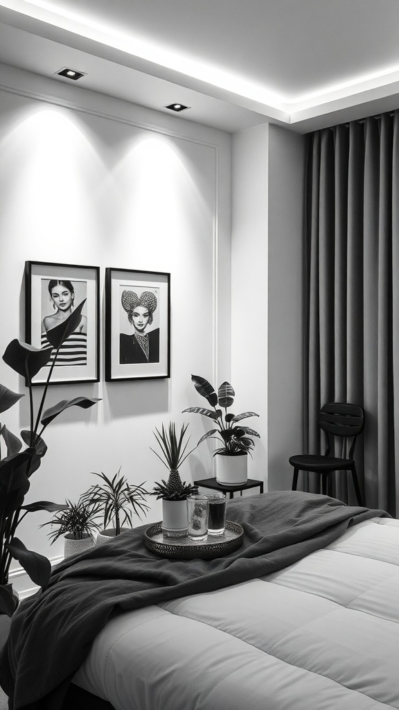 A stylish black and white bedroom featuring accent lighting highlighting framed art, with plants and a cozy bed.