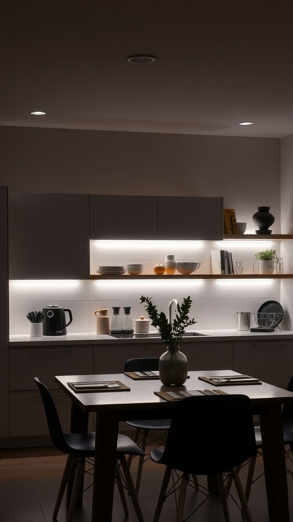 A modern dining area featuring LED strip lighting under cabinets, creating a warm glow.