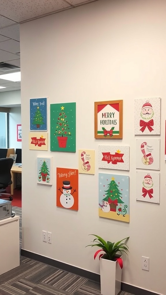 Colorful holiday-themed wall art displayed on an office wall.