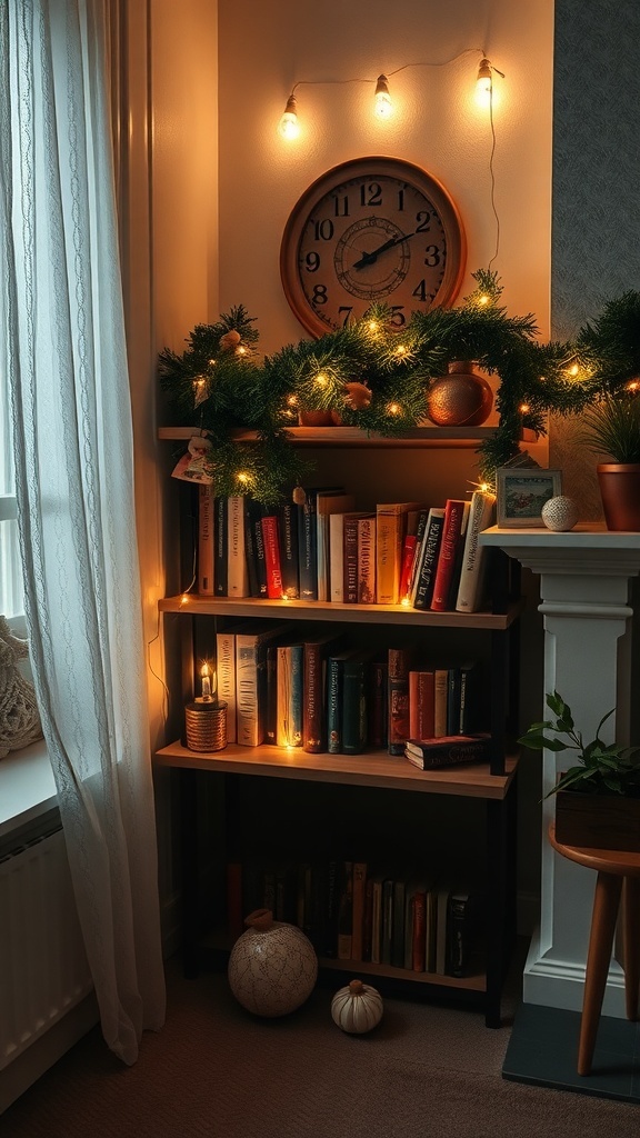 A cozy holiday book corner with a shelf of books, fairy lights, and seasonal decorations.
