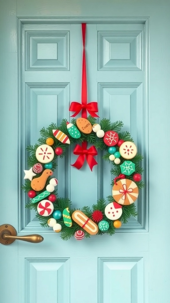 A colorful holiday cookie wreath hanging on a blue door, decorated with cookie-shaped ornaments and a red bow.