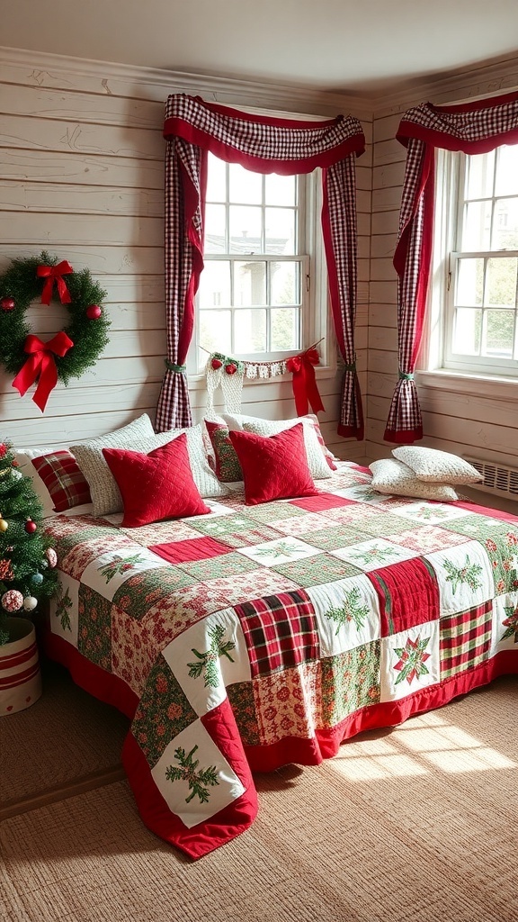 A cozy bedroom featuring a festive patchwork holiday quilt in red and green, with matching pillows and a decorated window.