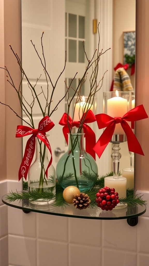 A bathroom shelf decorated with holiday ribbons, candles, and greenery, creating a festive atmosphere.