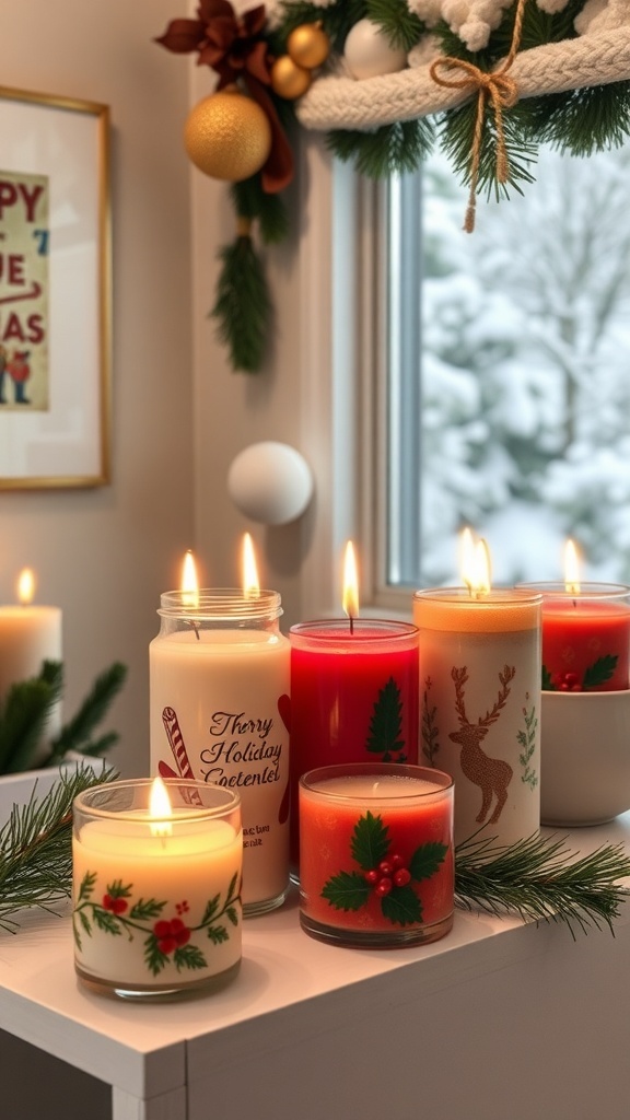 A collection of holiday scented candles in various festive designs, glowing warmly on a bathroom counter with a wintery backdrop.