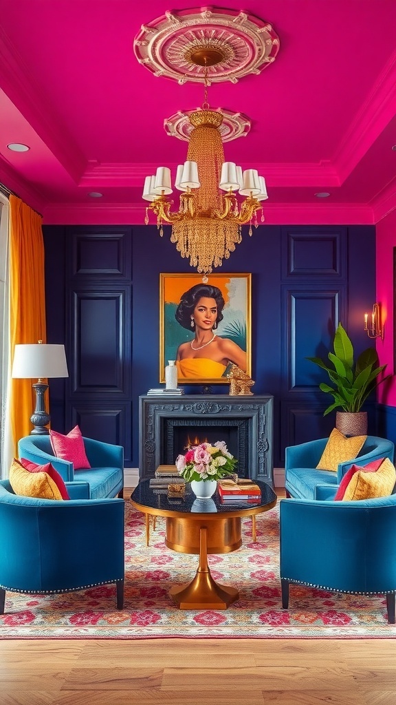 A glamorous living room featuring a pink ceiling, blue walls, and luxurious furniture in Hollywood Regency style.