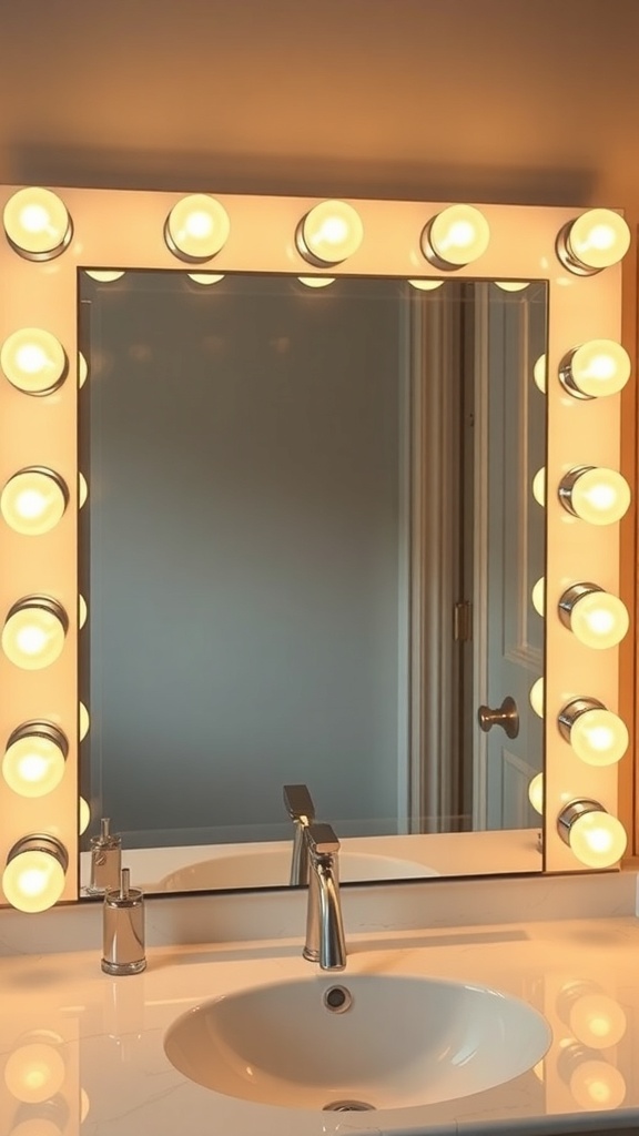 A Hollywood vanity mirror with bright bulbs surrounding it, reflecting a stylish bathroom setup.