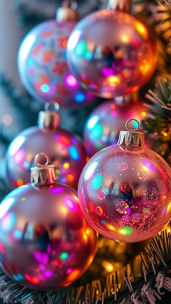 Colorful holographic Christmas ornaments hanging on a tree
