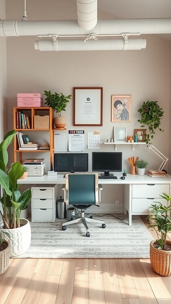 A stylish home office with two monitors, a comfortable chair, and plants, creating a cozy and inspiring workspace.