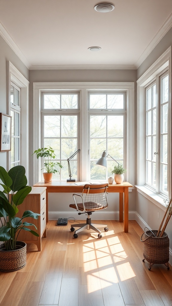 A small home office in a sunroom with large windows, a wooden desk, and plants.