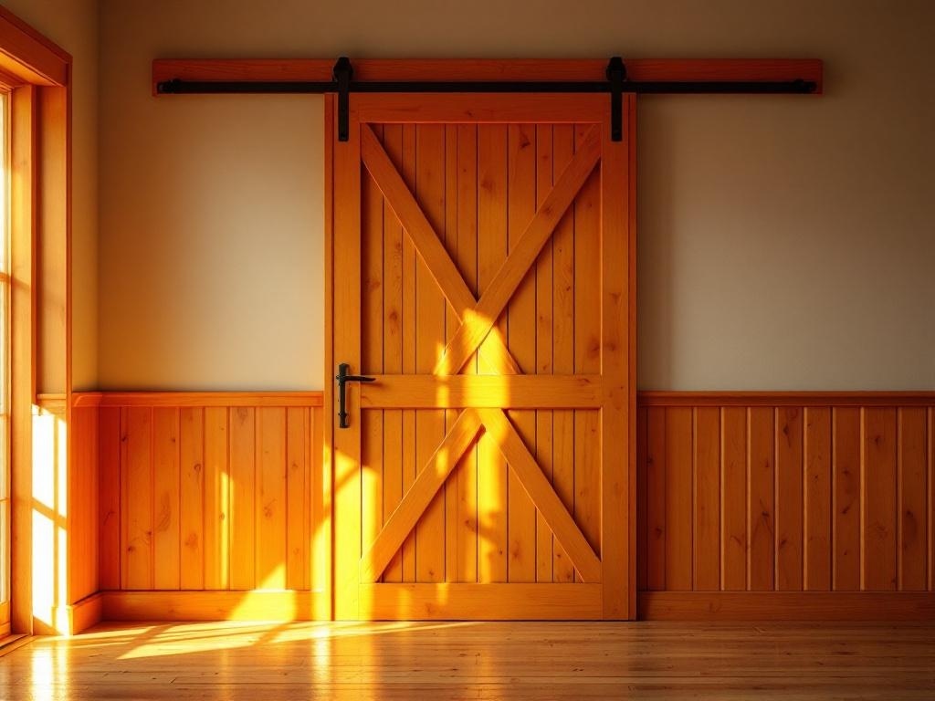 A sliding barn door with a Honey Maple Glow stain, showcasing a warm, golden hue in a bright room.