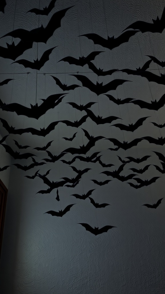 A display of hanging black bats on the ceiling, creating a spooky atmosphere.