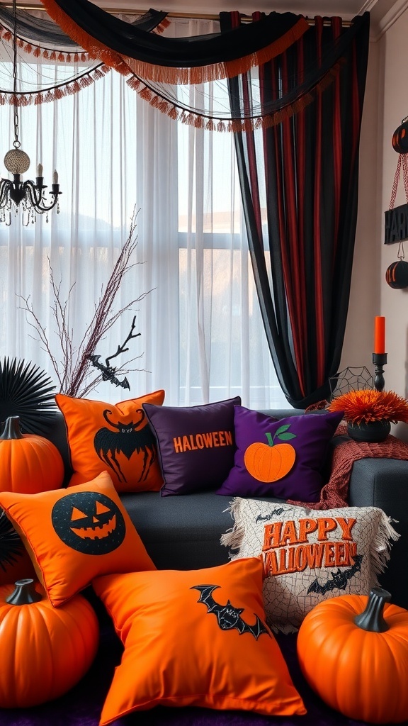 Halloween-themed living room decor with orange, purple, and black accents