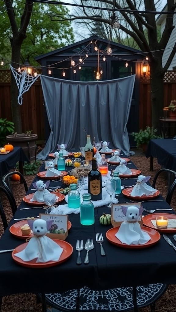 Outdoor Halloween party setup with ghost-themed decorations and colorful drinks.