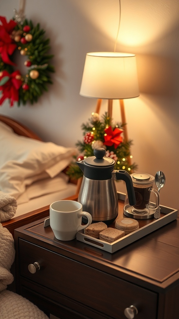 A cozy hot beverage station with a coffee pot, a cup, and snacks on a bedside table, decorated for Christmas.