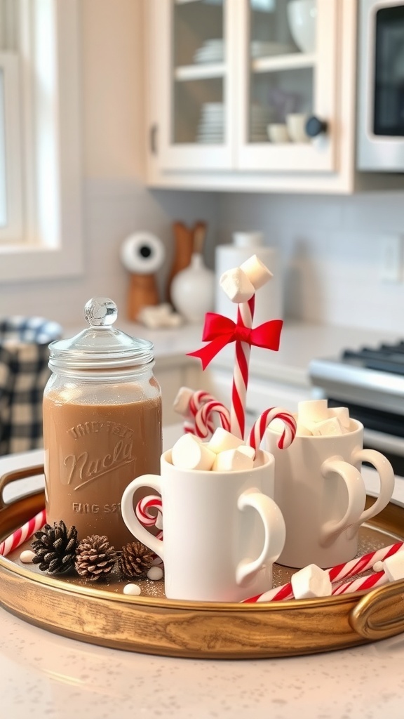 A festive hot cocoa bar tray with mugs, candy canes, marshmallows, and a jar of cocoa.