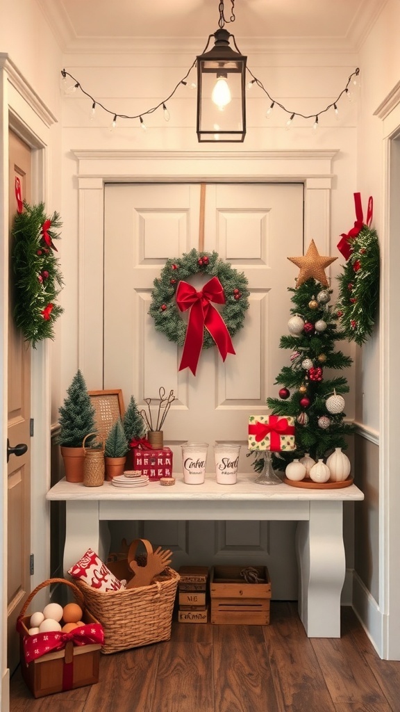 A cozy hot cocoa station set up in a festive entryway with mugs, toppings, and decorations.