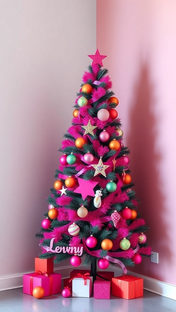 A vibrant hot pink Christmas tree decorated with colorful ornaments and presents underneath.