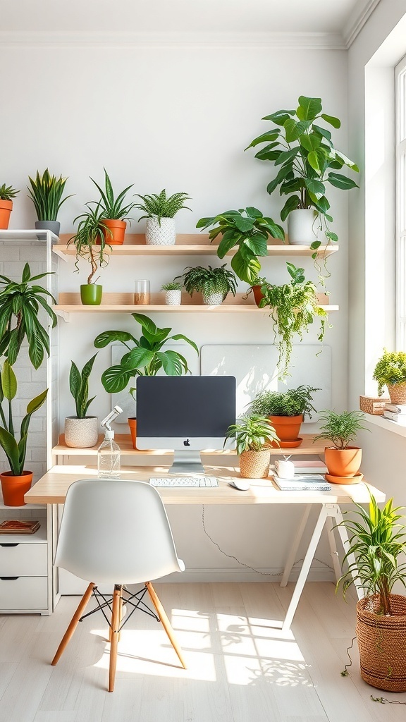 A bright home office with various houseplants on shelves and a desk, creating a natural and calming workspace.