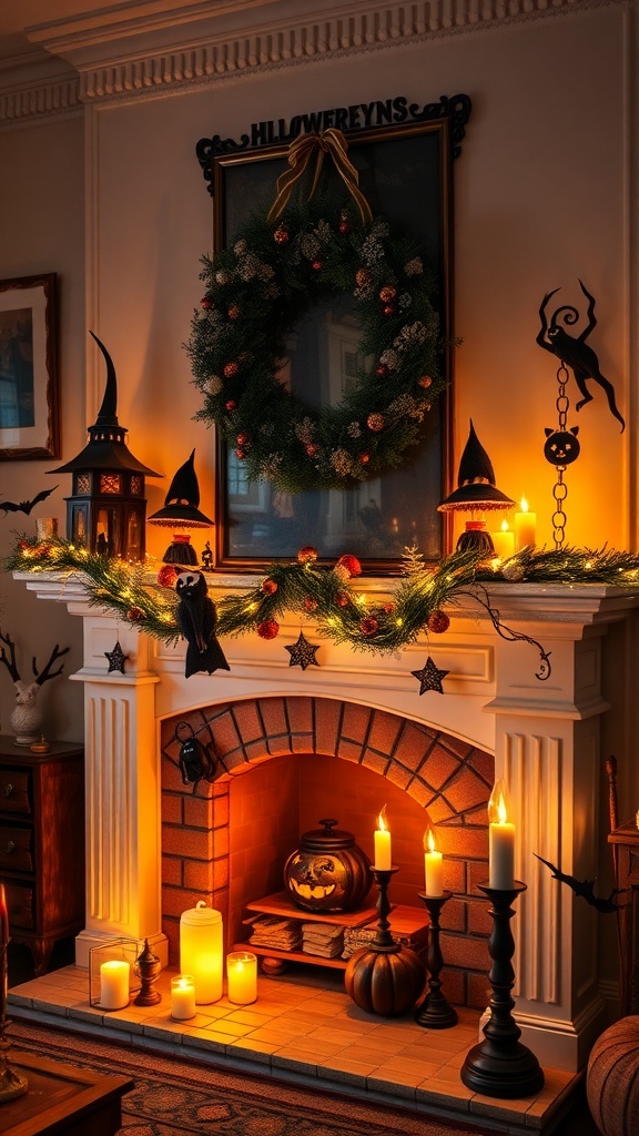A beautifully decorated fireplace with a Christmas wreath, candles, and festive ornaments.
