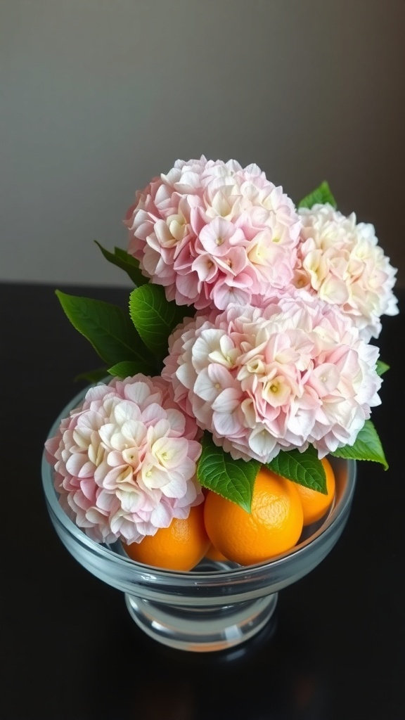 A centerpiece featuring pink hydrangeas and oranges in a clear glass bowl.