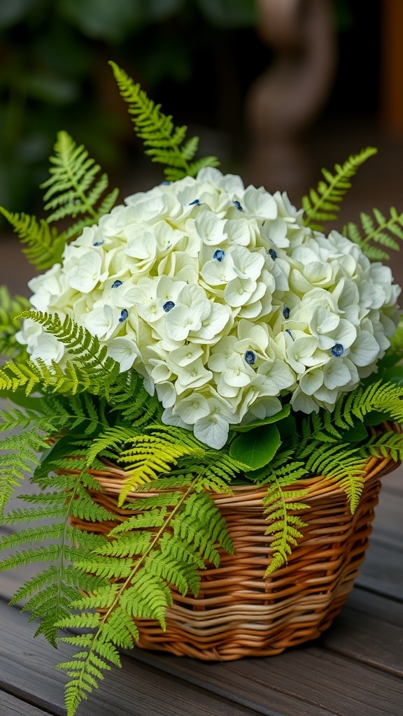 A centerpiece featuring white hydrangeas and green ferns in a wicker basket.