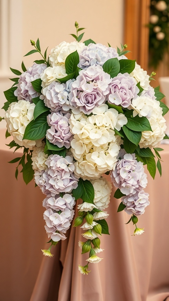 A beautiful hydrangea and foliage centerpiece featuring white and lavender flowers with lush green leaves.