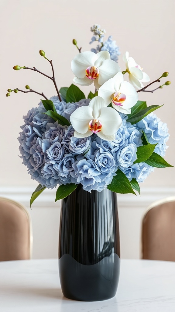 A beautiful centerpiece featuring blue hydrangeas and white orchids in a black vase.
