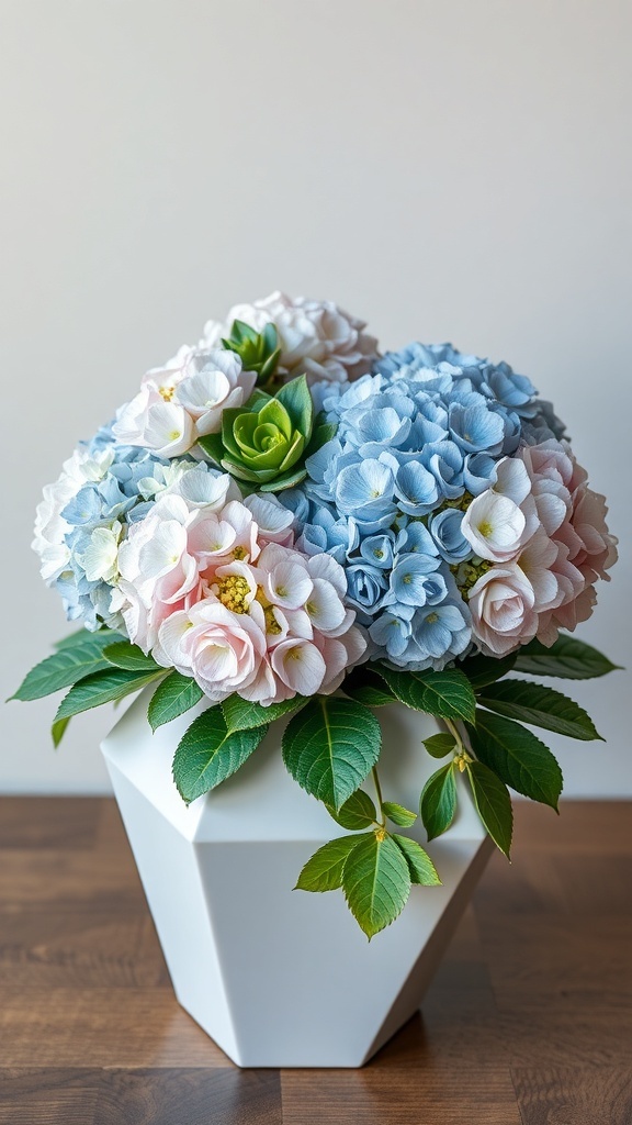 A beautiful centerpiece featuring pink and blue hydrangeas alongside a green succulent in a geometric white pot.
