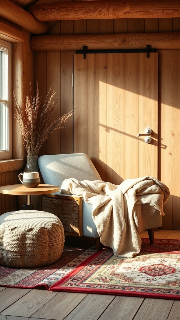 A cozy reading nook featuring a soft chair, warm blanket, side table with a cup, and natural wood elements.