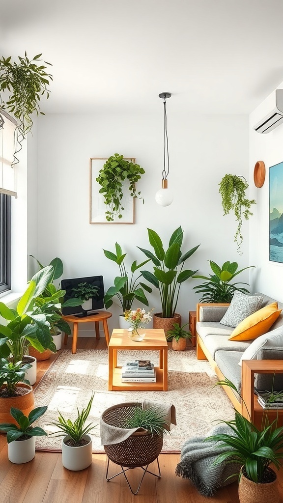 A cozy I-shaped living room layout featuring a variety of indoor plants, a sofa, and a coffee table.
