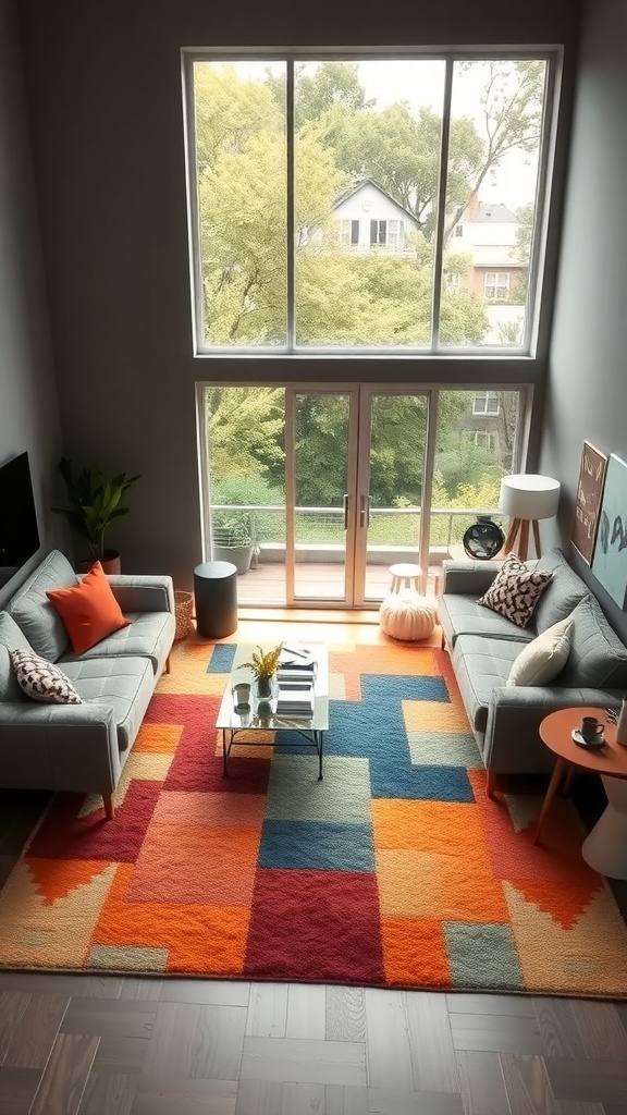 I-shaped living room featuring a colorful rug, two sofas, and large windows.
