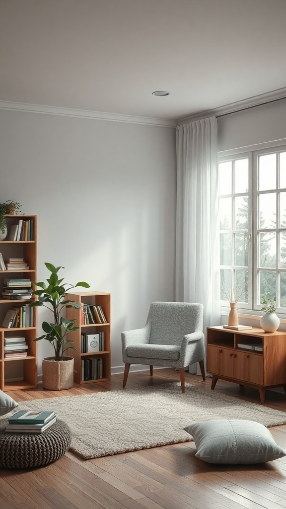 Cozy reading corner in an I-shaped living room with a chair, bookshelf, and natural light.
