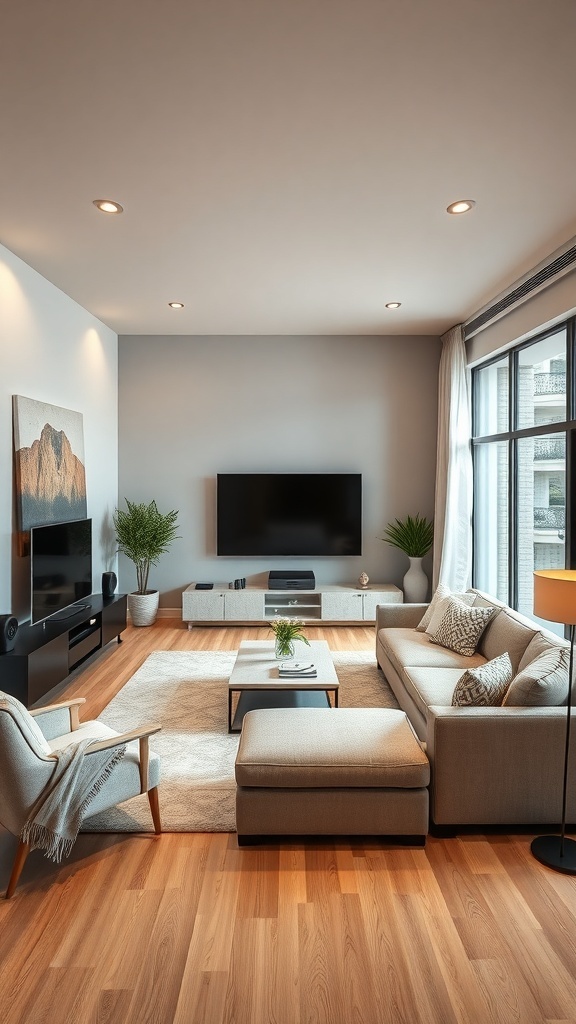 Modern I-shaped living room with sectional sofa, TV, and plants