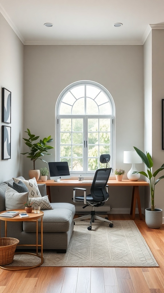 I-shaped living room featuring a cozy sofa and a home office nook with a desk and chair by a large window.