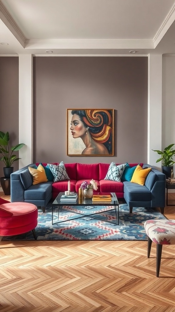 I-shaped living room featuring a bold sectional sofa in blue and red, with a patterned rug and artwork on the wall.
