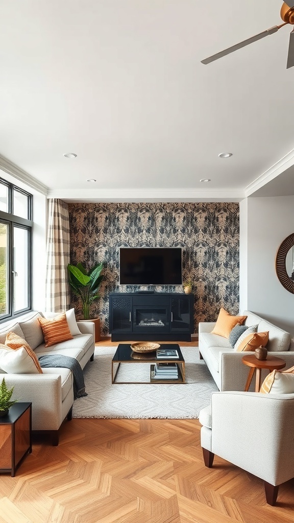 I-shaped living room with accent wall and stylish furniture