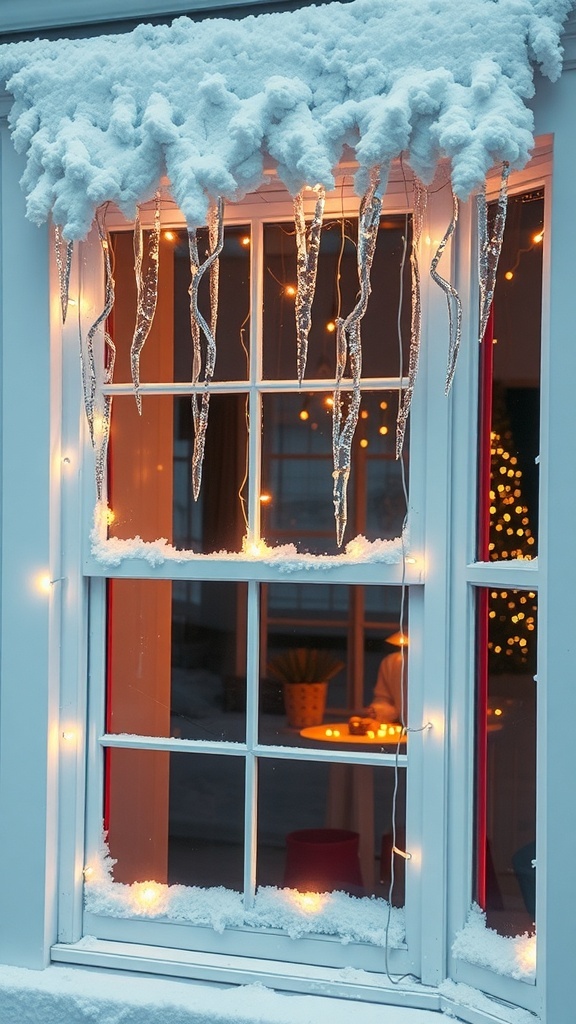 A window decorated with icicle lights and snow, creating a cozy Christmas atmosphere.