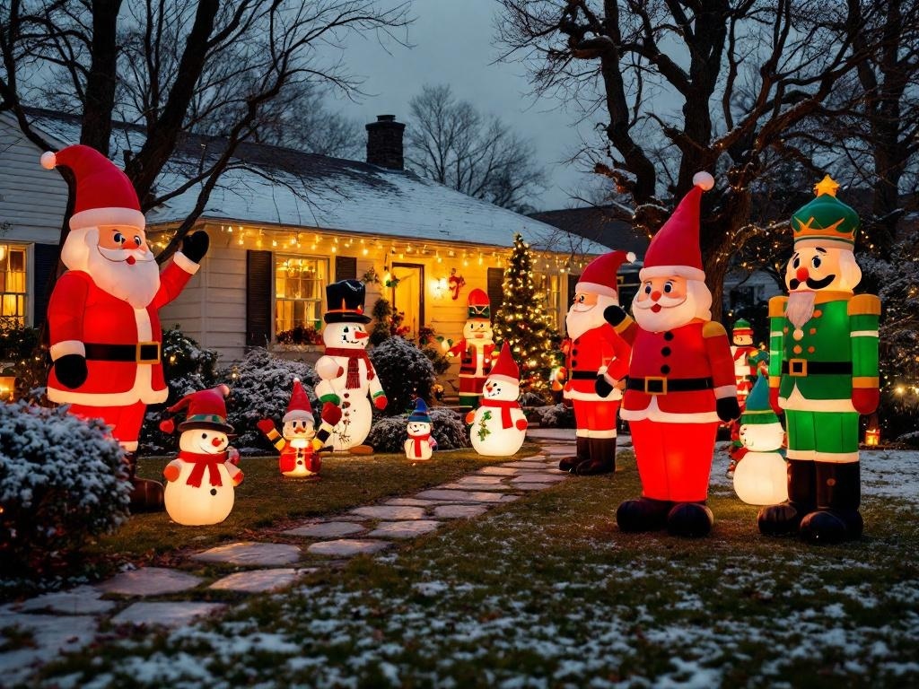 A festive yard decorated with inflatable and light-up Christmas figures including Santa, snowmen, and nutcrackers.