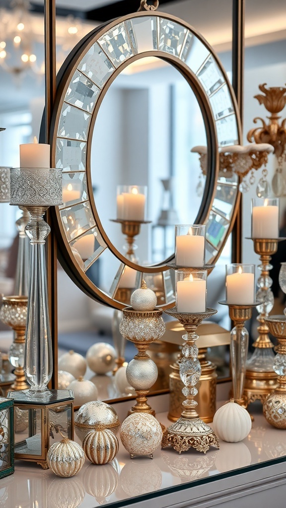 A decorative arrangement featuring a round mirror, candles in ornate holders, and textured glass ornaments.