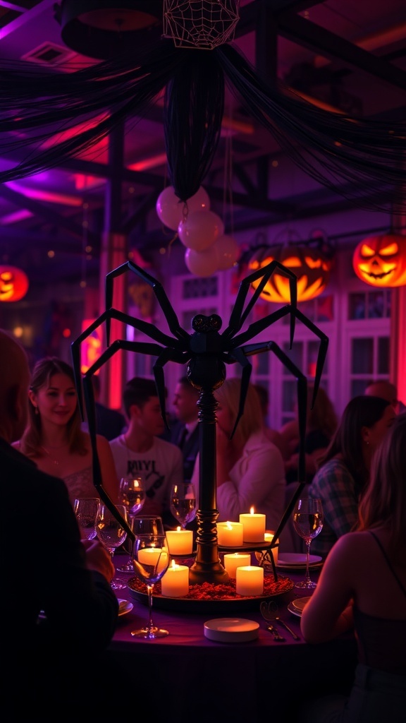 A black spider decoration with lights on a table surrounded by candles and guests at a Halloween party.