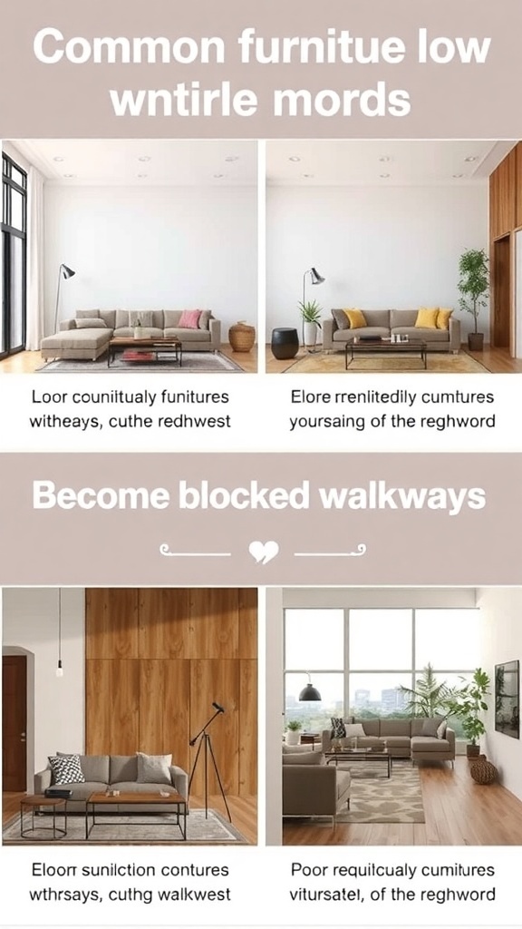Image showing common furniture-flow mistakes, including blocked walkways and furniture pushed against walls.
