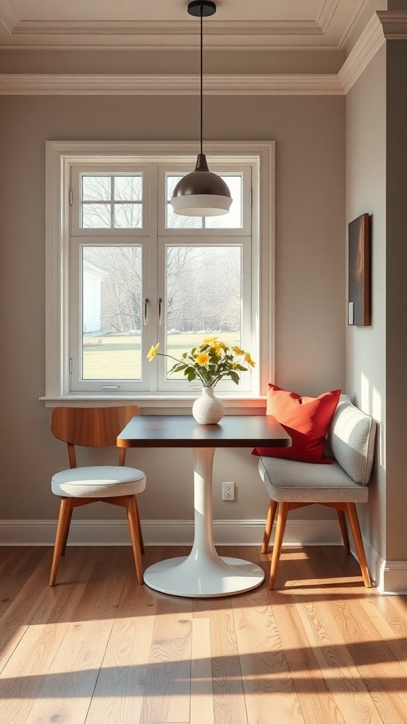 A cozy breakfast nook with a stylish table and comfortable seating.