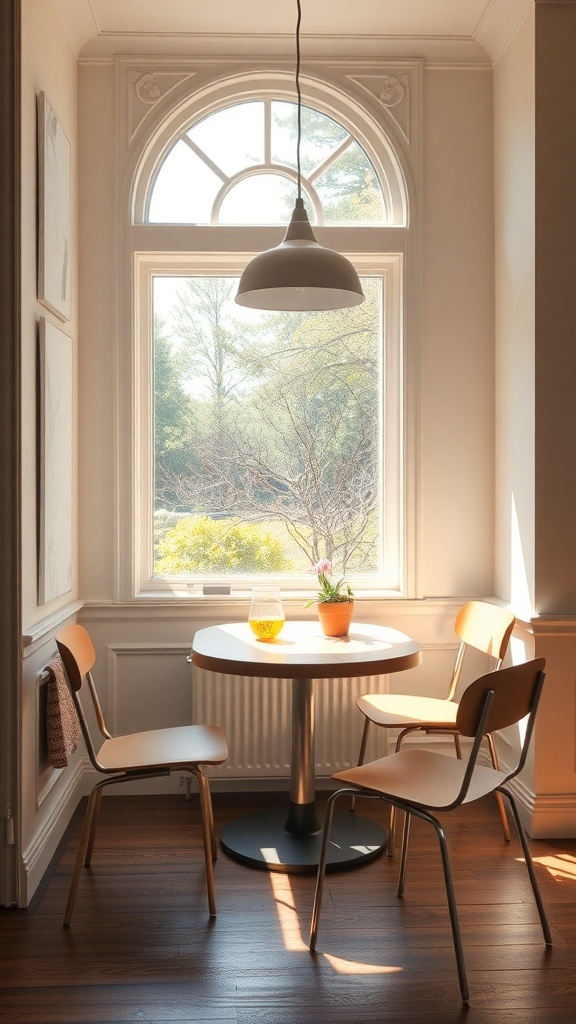 A cozy breakfast nook with a round table and chairs, illuminated by natural light from a large window.