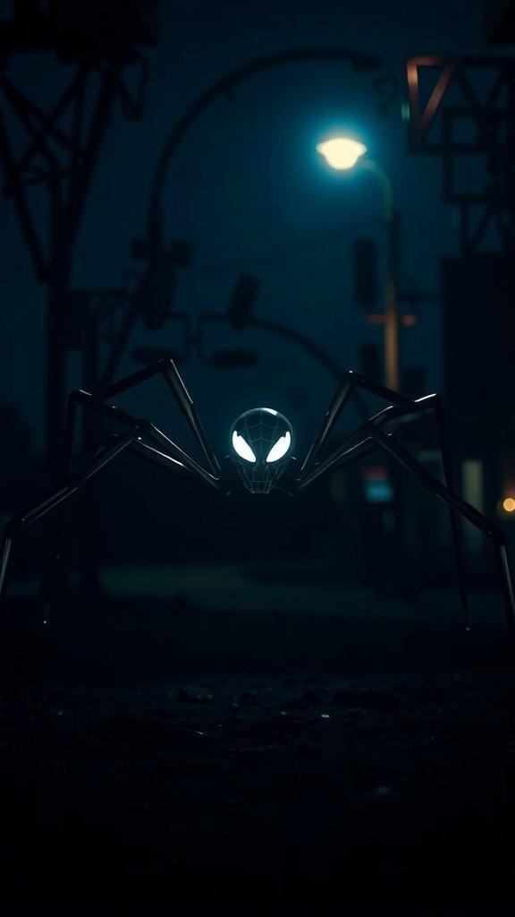 A black rattan spider figure with glowing eyes, set against a dark background.