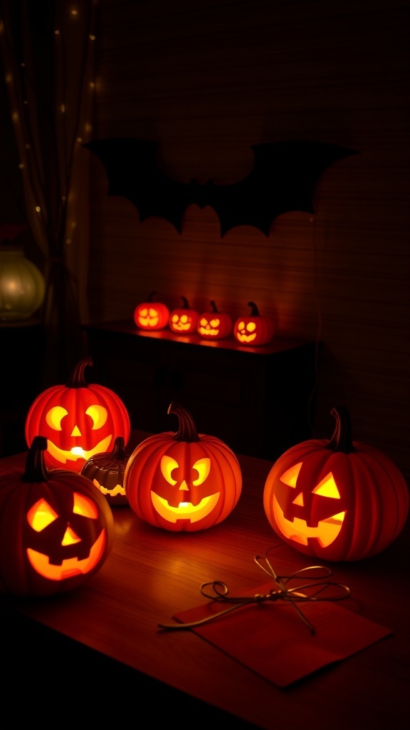 A cozy Halloween table with illuminated pumpkin lanterns and a bat decoration.
