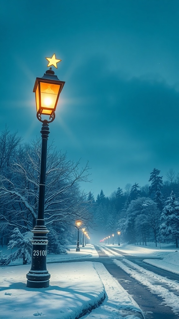 A lamp post with a glowing star topper in a snowy landscape